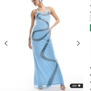ASOS DESIGN embellished swirl detail mesh maxi dress in light blue